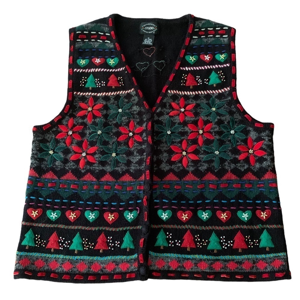 Design Studio Vintage Button Down Christmas Tree Poinsettias Beaded Vest Sz M